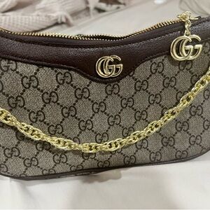 Gucci Brown GG Canvas Shoulder Bag with Gold Chain
